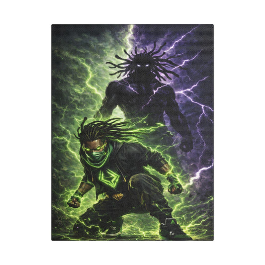 Shadow Warrior Illustration Satin Canvas Stretched | Neon Lightning Art Wall Decor