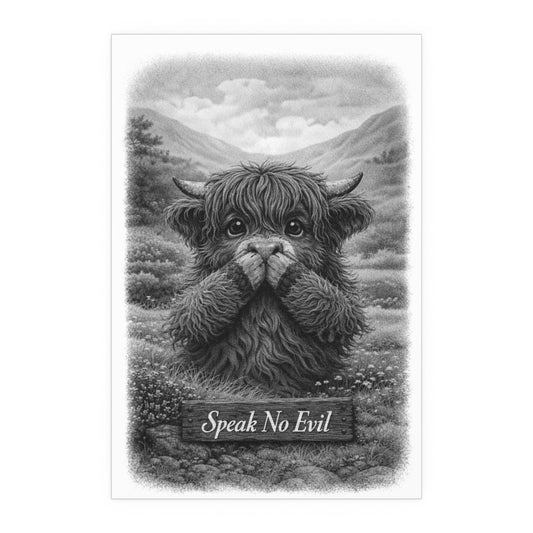 Speak No Evil Highland Cow Poster | Black and White Farmhouse Art