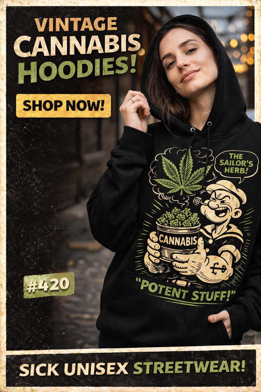 Vintage Sailor Cannabis Hoodie | Retro Comic Streetwear Hoodie | Black Graphic Hoodie | Public Domain Art | Urban Unisex Hoodie