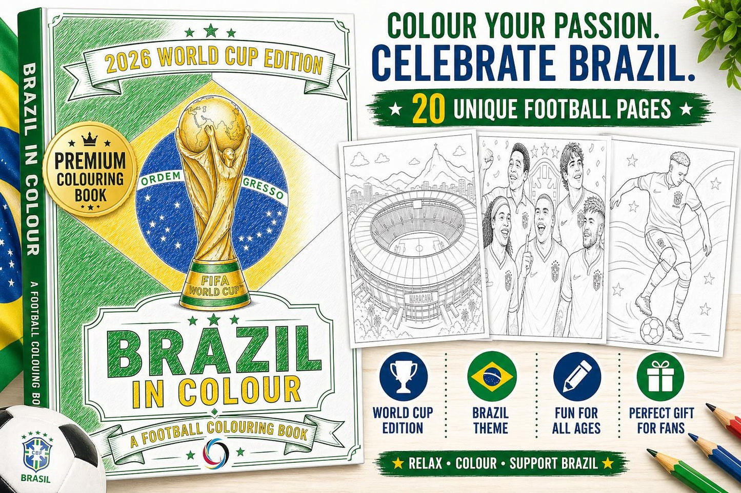 Brazil World Cup 2026 Colouring Book | Football Fan Activity Book for Kids, Adults