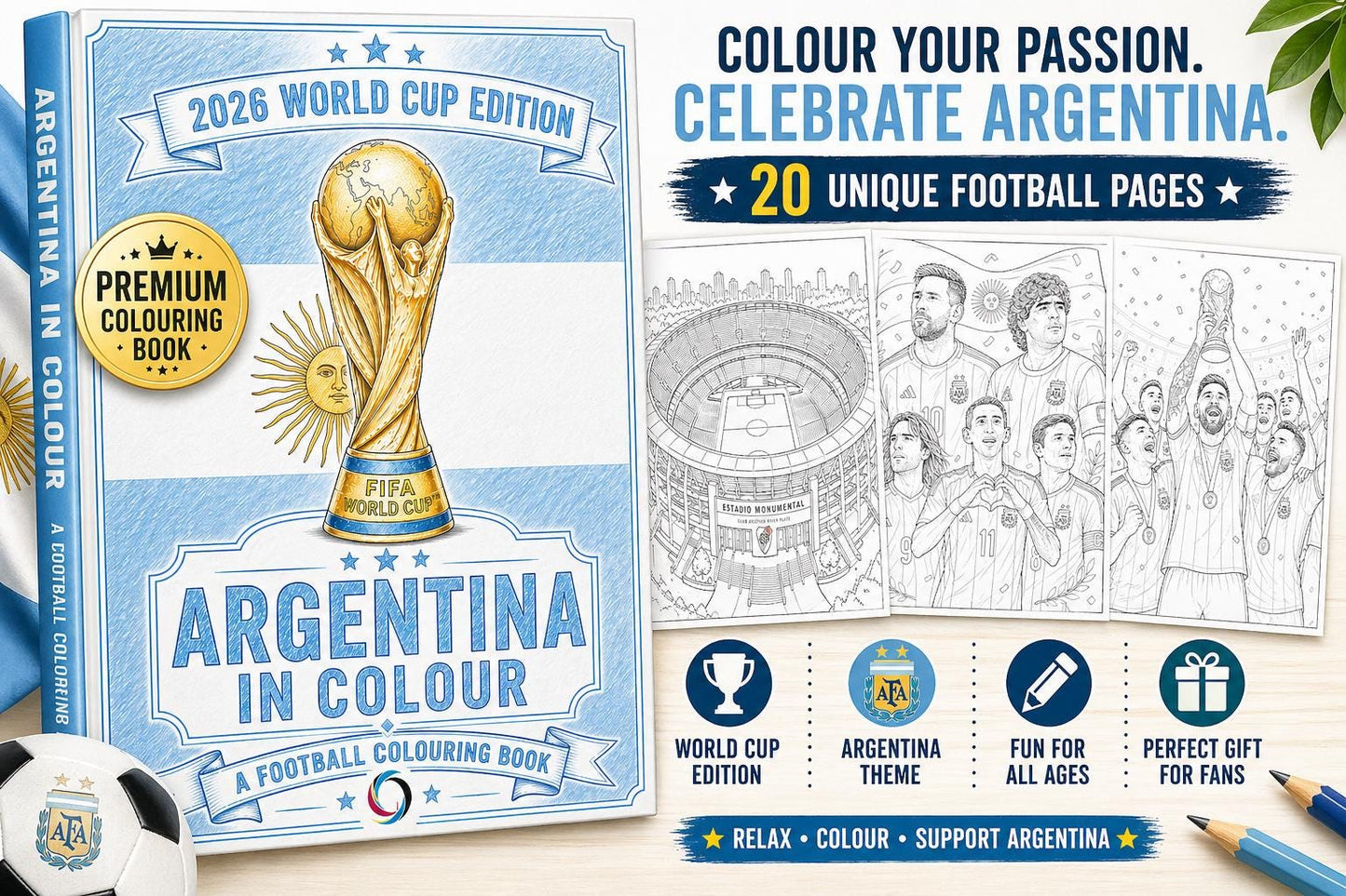 Argentina Football World Cup Colouring Book | Kids & Adults Soccer Activity Pages
